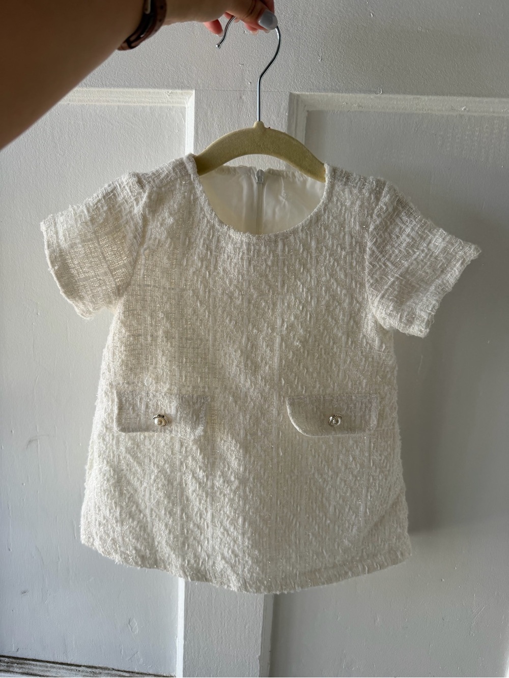 Kids' Cream Textured Short-Sleeve tweed dress